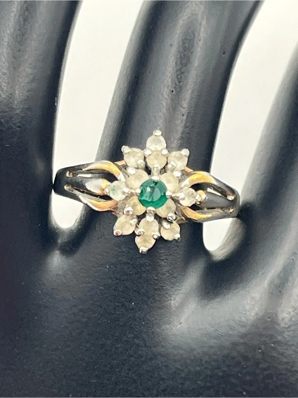14k gold electroplate green & clear rhinestone cluster cocktail ring sz 8.75